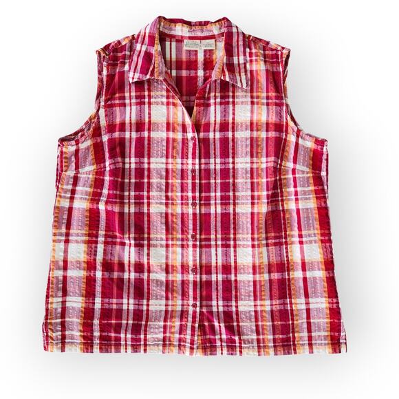 American Vintage Tops - Y2K St Johns Bay Red Orange White Plaid Sleeveless Button Down Top Cotton 2X